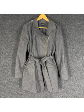 Nine West Coat Women 12 Gray Wool Knit Full Zip Collared Long Sleeve Belted